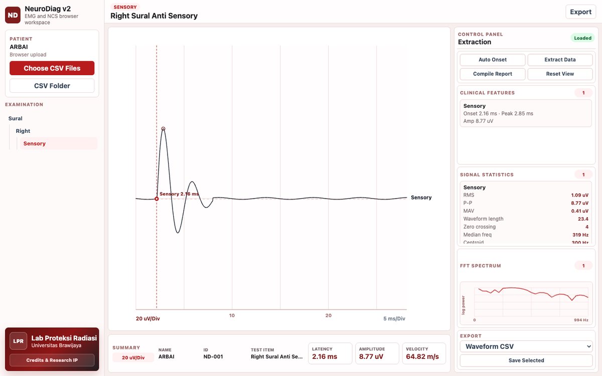 NeuroDiag browser workspace for EMG and NCS waveform extraction