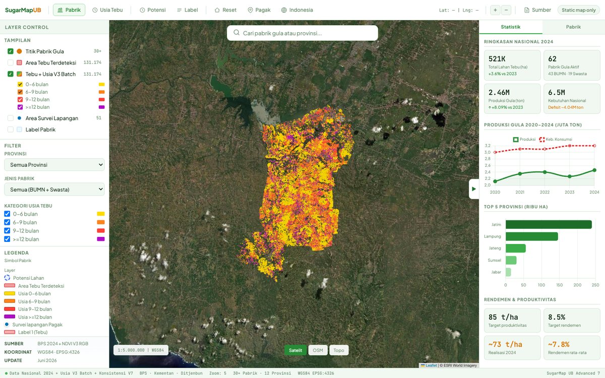 SugarMap dashboard showing sugarcane plant age layers on a satellite map